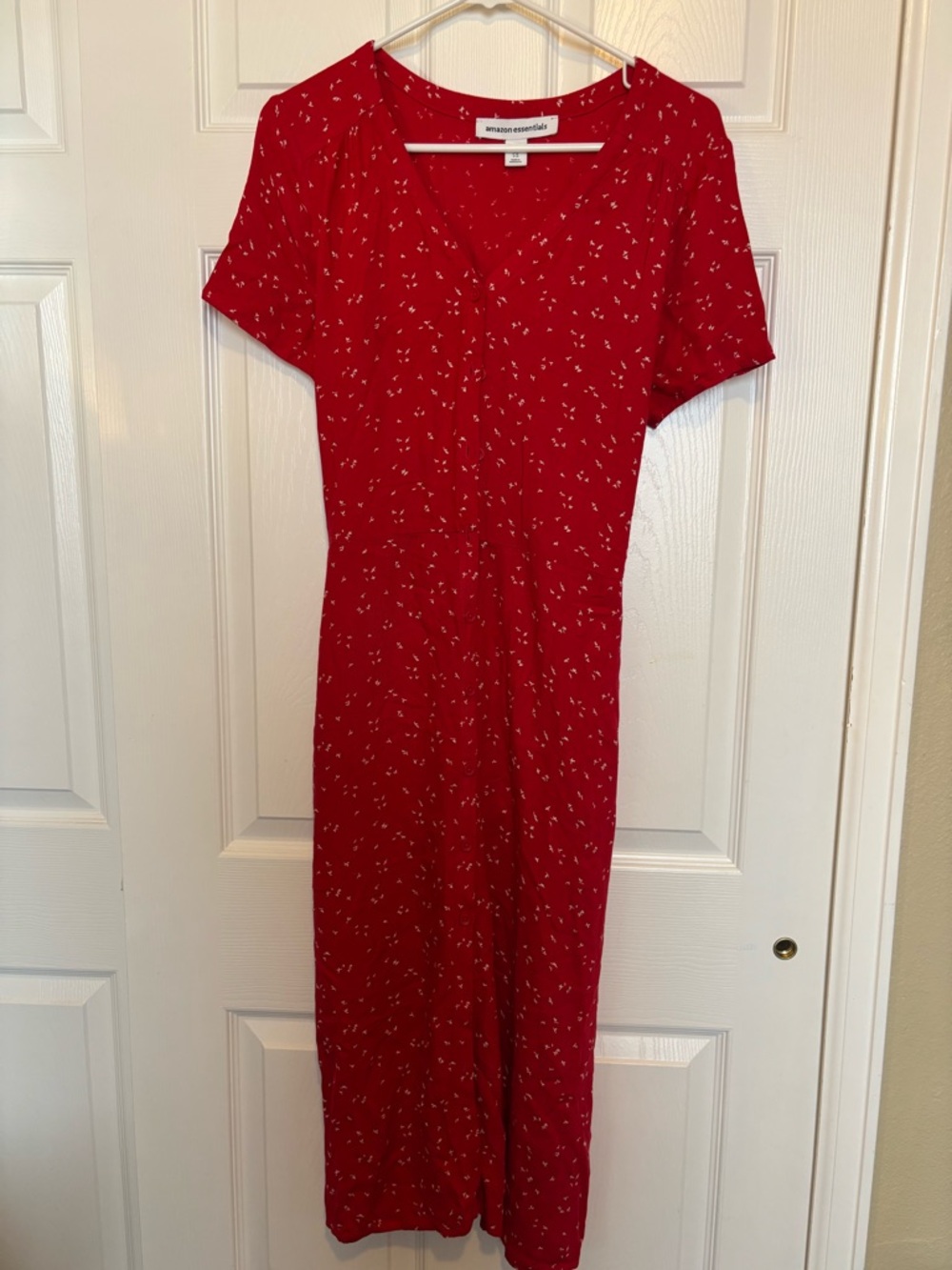 Amazon Essentials Red Short-Sleeve V-Neck Midi Dress with White Ditsy Print